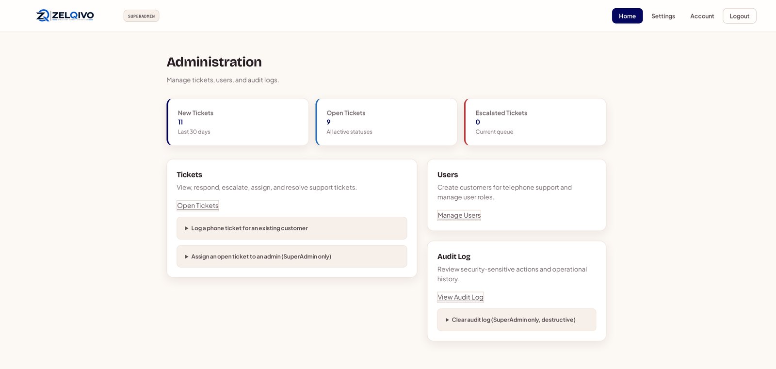 ZELQIVO-STS administration dashboard with ZELQIVO branding and ticket overview cards