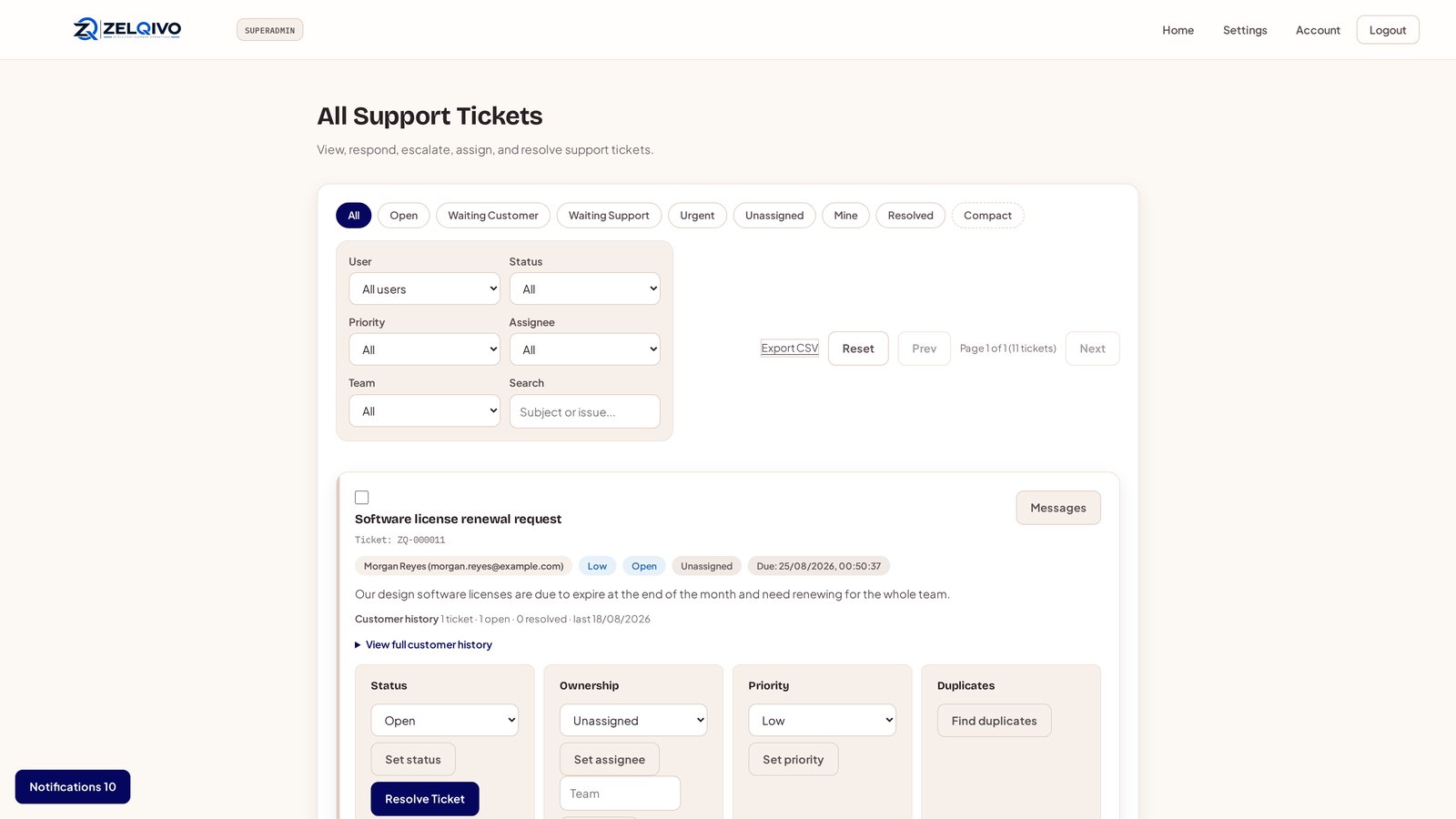 ZELQIVO-STS support ticket queue with ZELQIVO branding, filters, and assignment controls