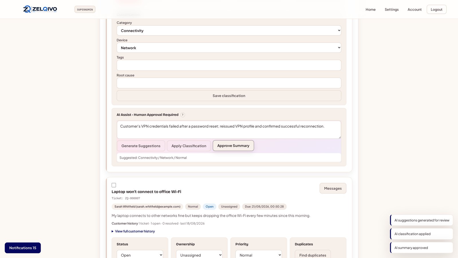ZELQIVO-STS AI assist screen with ZELQIVO branding and classification suggestions