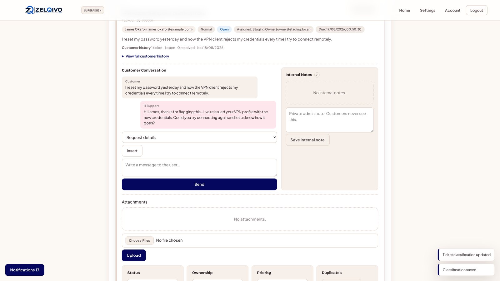 ZELQIVO-STS ticket conversation screen with replies, internal notes, and attachment controls