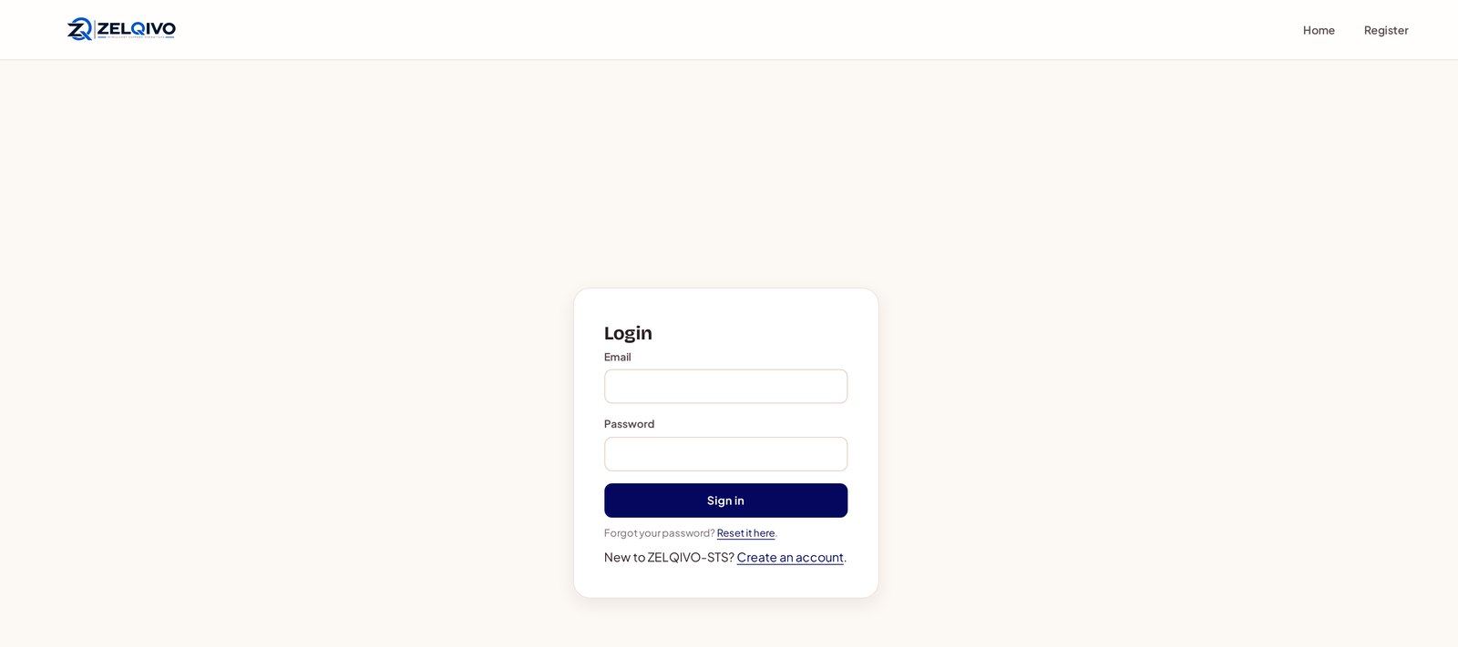 ZELQIVO-STS customer login screen with ZELQIVO branding