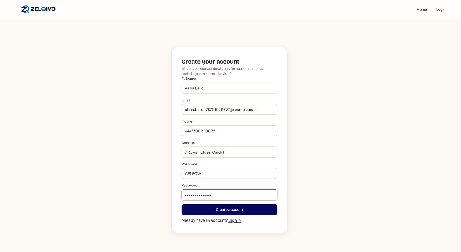 ZELQIVO-STS customer registration screen with account creation form