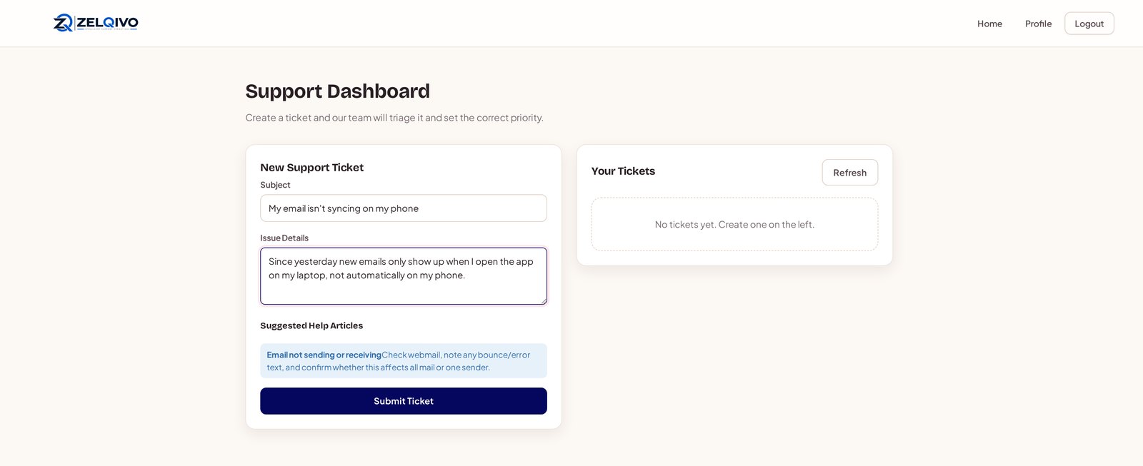 ZELQIVO-STS customer support ticket creation screen with suggested help articles